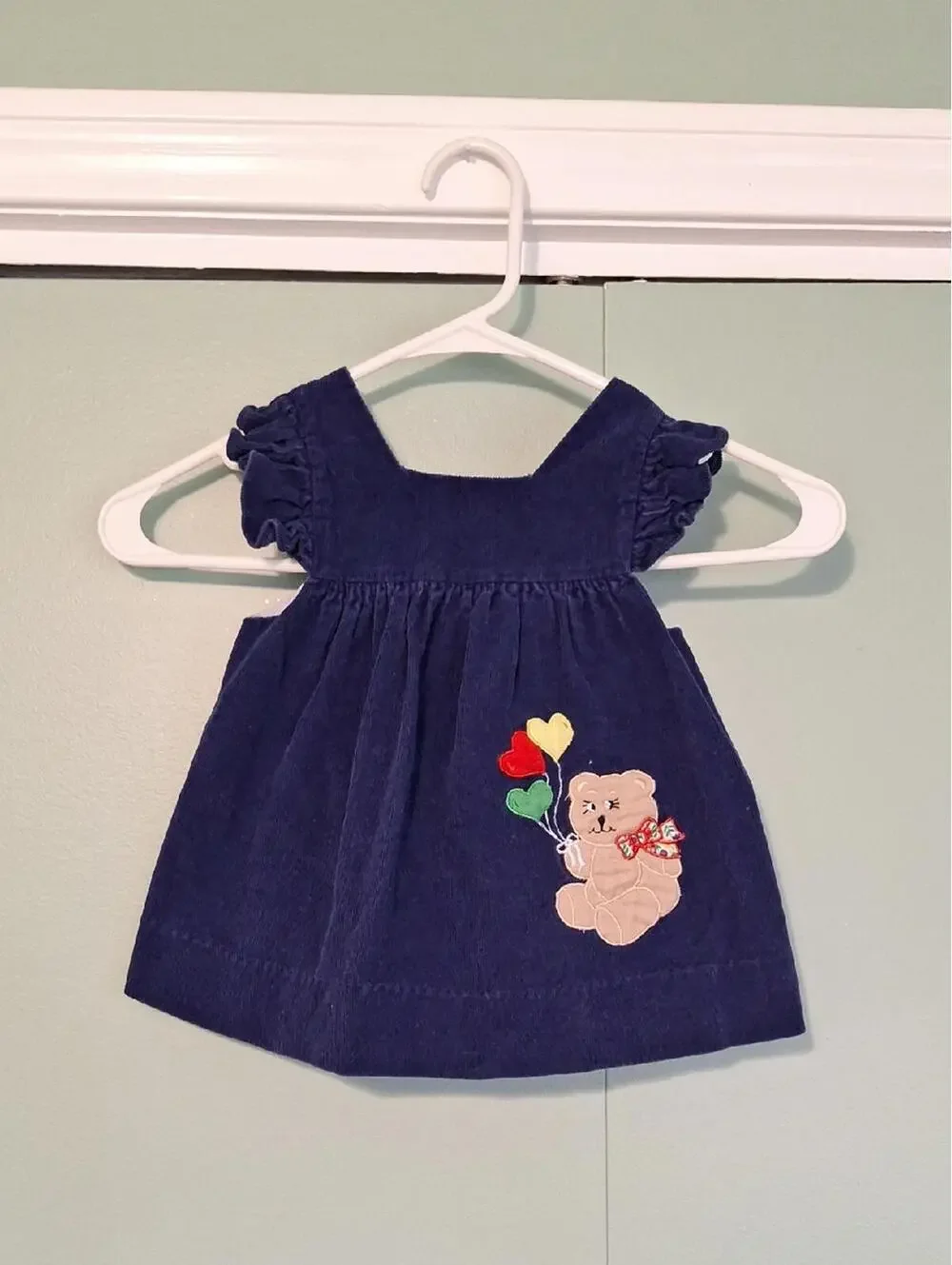 Vintage Girls Corduroy Blue Bear Dress Size 18m